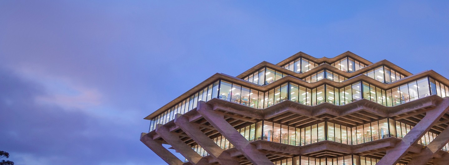 Geisel library windows at dusk